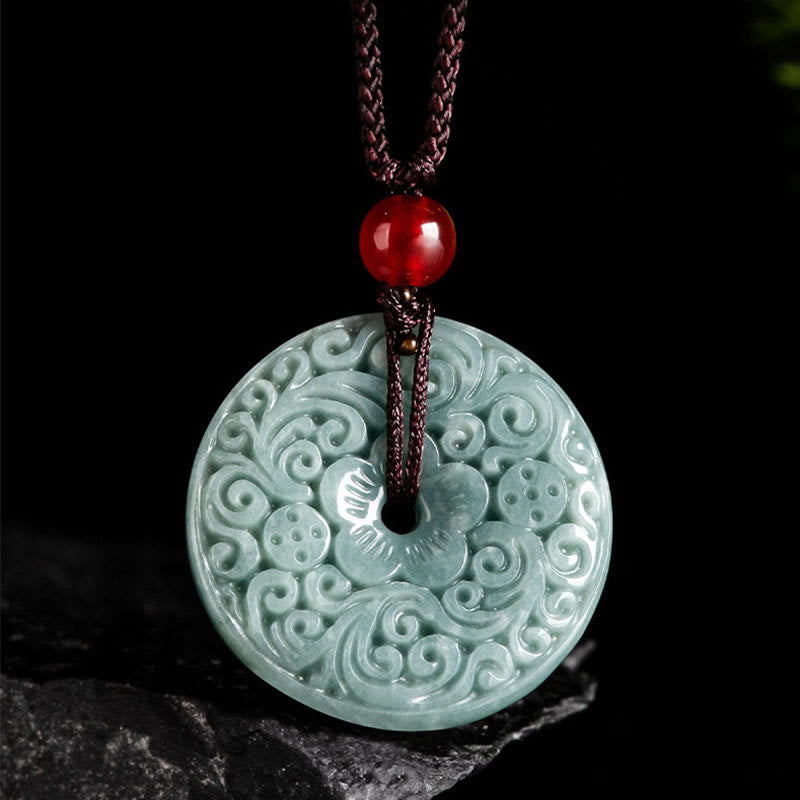 Wear FengShui Green Jade Flower Carved Peace Buckle Abundance Necklace Pendant