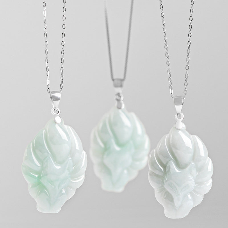 Wear FengShui Natural Jade Nine Tailed Fox Prosperity Titanium Steel Chain Necklace Pendant