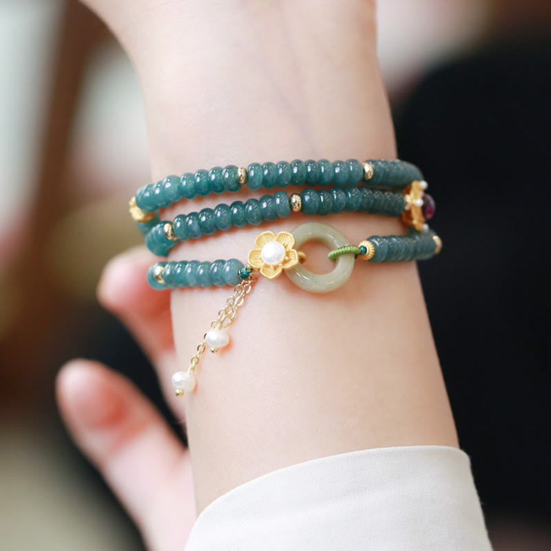 Wear FengShui 925 Sterling Silver Gold Plated Cyan Jade Flower Peace Buckle Success Triple Wrap Bracelet