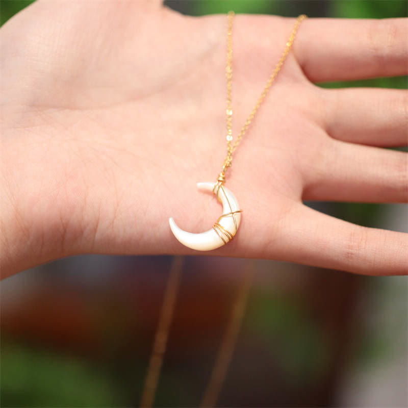Wear FengShui Natural Tridacna Stone Crescent Moon Blessing Necklace Pendant