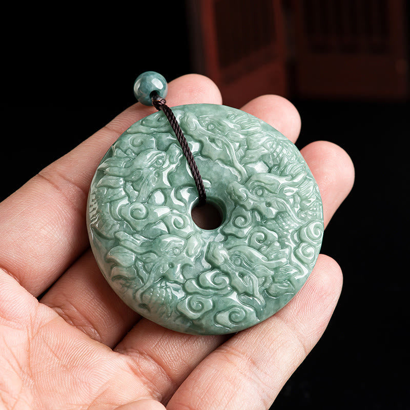 Wear FengShui Year of the Dragon Natural Jade Nine Dragons Peace Buckle Protection Necklace Pendant