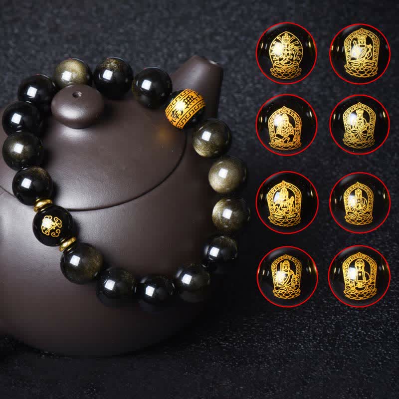 Wear FengShui Chinese Zodiac Natal Buddha Gold Sheen Obsidian Wealth Protection Bracelet
