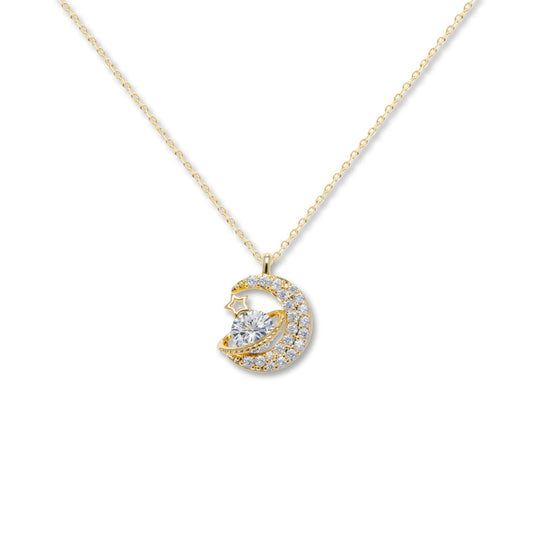 925 Sterling Silver Planet Moon Star Necklace – White Gold Color Collarbone Chain for Women, Gift for Girlfriend & Best Friend