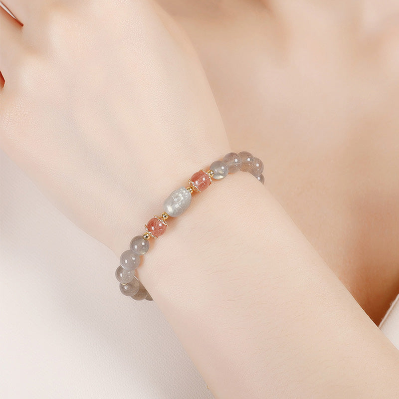 Wear FengShui Aquamarine Strawberry Quartz Amethyst Moonstone PiXiu Healing Bracelet