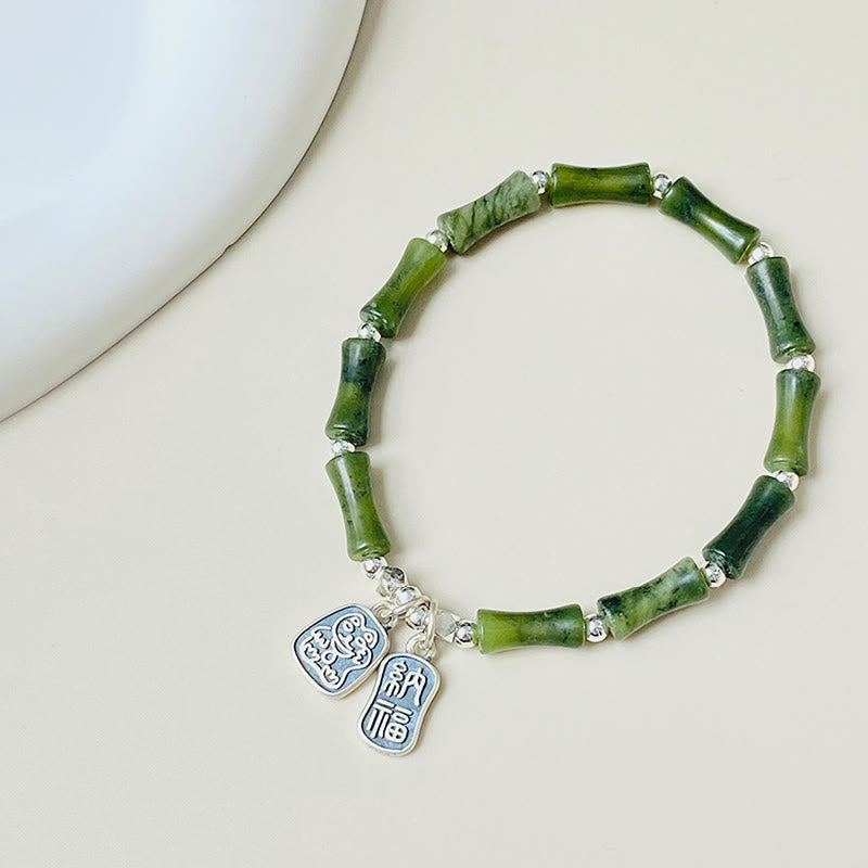Wear FengShui 925 Sterling Silver Bamboo Jade Lucky Cat Fu Character Luck Abundance Bracelet