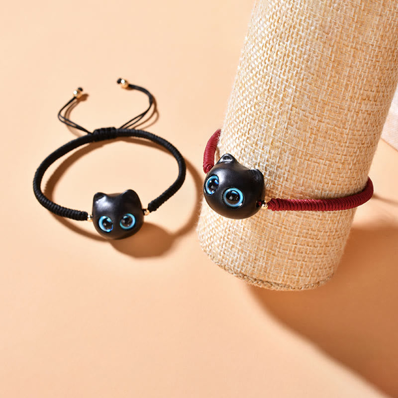 Wear FengShui Ebony Wood Cat Head Pattern Peace King Kong Knot Braided Bracelet