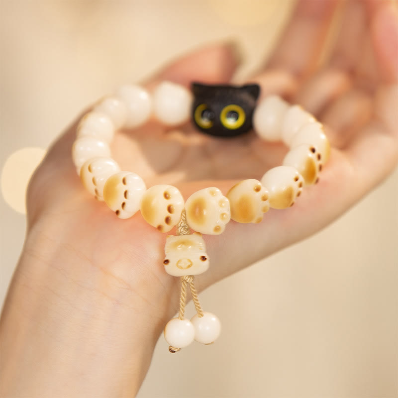 Wear FengShui Natural Bodhi Seed Red Sandalwood Lovely Paw Lucky Cat Peace Bracelet