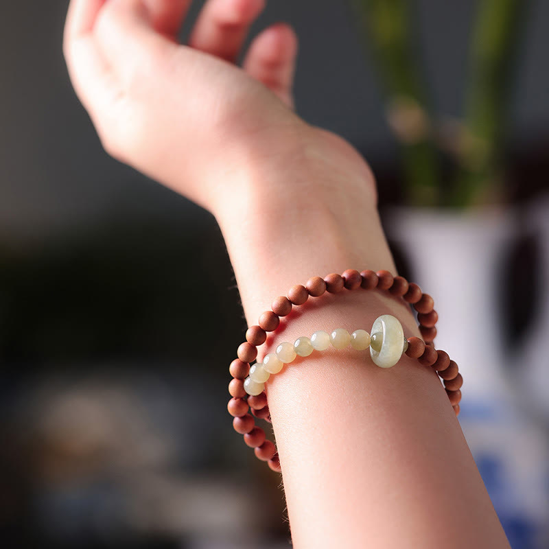 Wear FengShui Sandalwood Hetian Jade Protection Double Wrap Bracelet