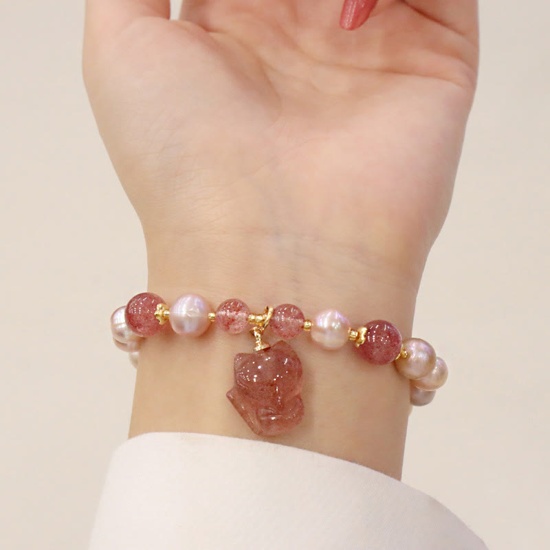 Wear FengShui Natural Pearl Strawberry Quartz Cute Fox Love Healing Charm Bracelet