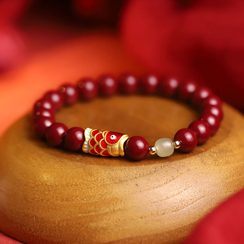 Wear FengShui Natural Cinnabar Lucky Koi Fish Hetian Jade Bead Blessing Bracelet