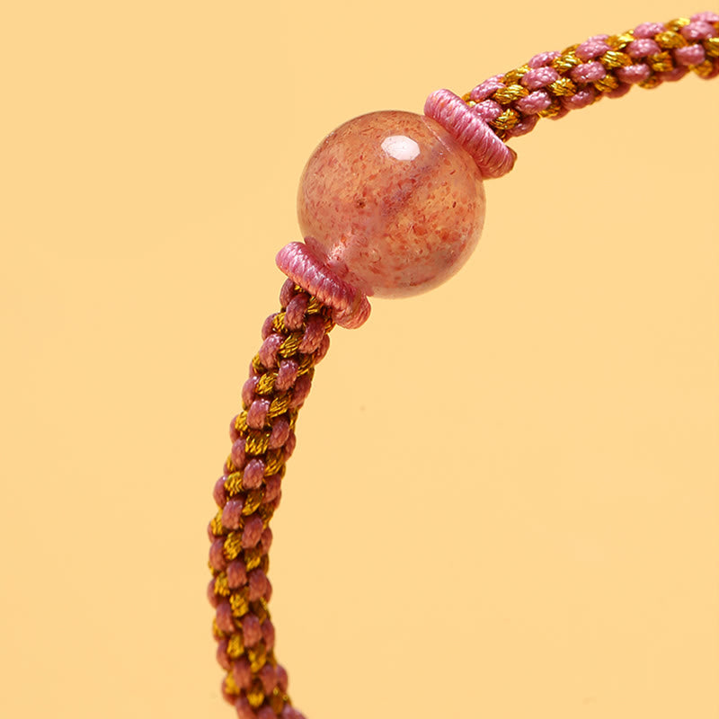 Wear FengShui Handmade Red Agate Amethyst Golden Rutilated Quartz Pink Crystal Bead Calm Braided Bracelet