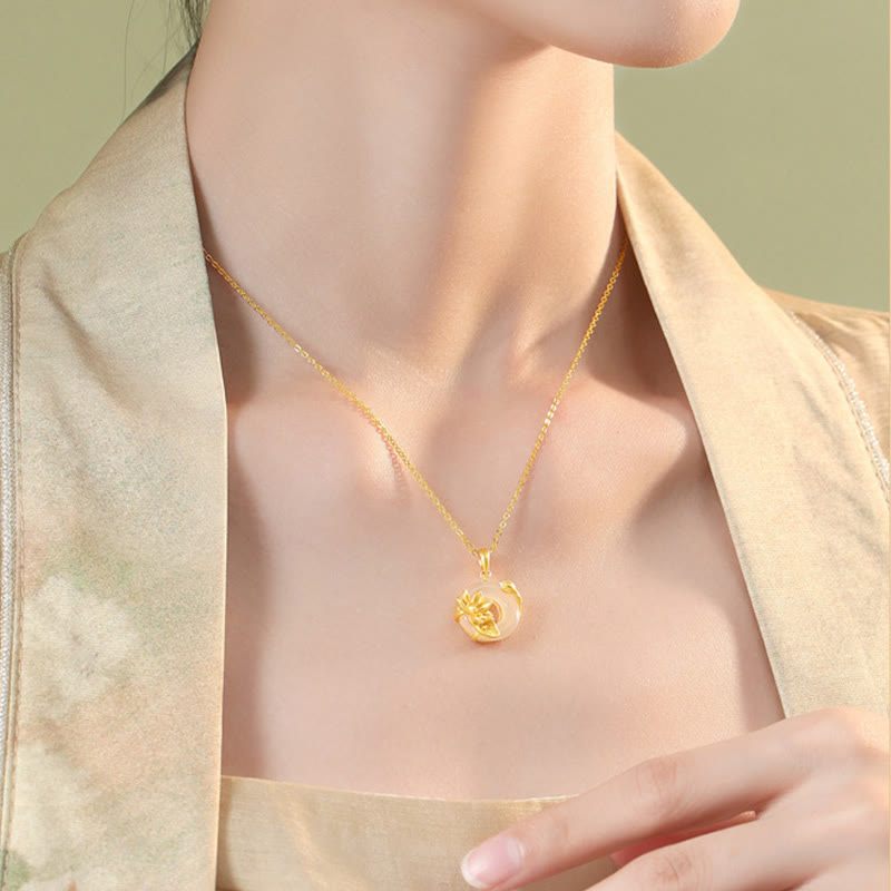 Wear FengShui Natural White Chalcedony Peace Buckle Lotus Pendant S925 Sterling Silver Necklace