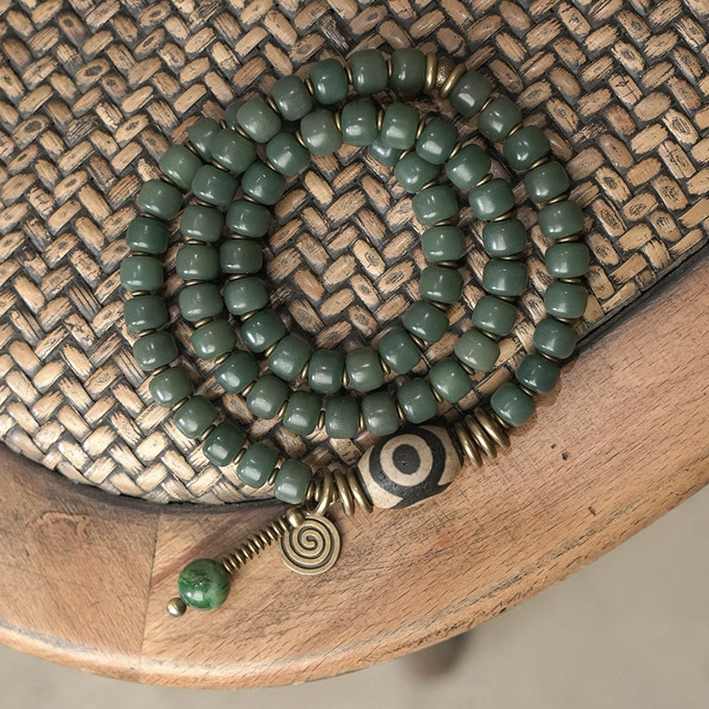 Wear FengShui Cyan Bodhi Seed Dzi Bead Wisdom Peace Triple Wrap Bracelet