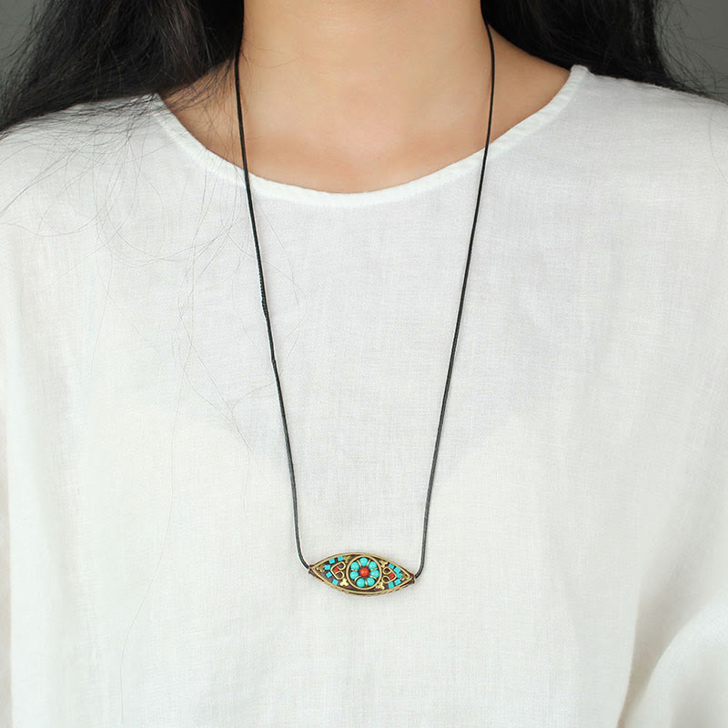 Wear FengShui Tibet Turquoise Bead Marquise Pattern Protection Strength Necklace Pendant