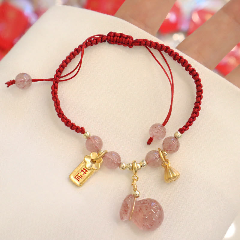 Wear FengShui Natural Strawberry Quartz Money Bag Lotus Healing Charm Red String Braided Bracelet