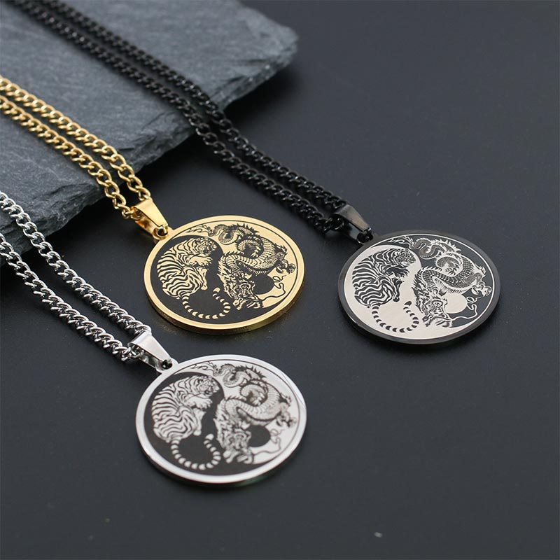 Wear FengShui Tiger Dragon Titanium Steel Chain Necklace Harmony Pendant