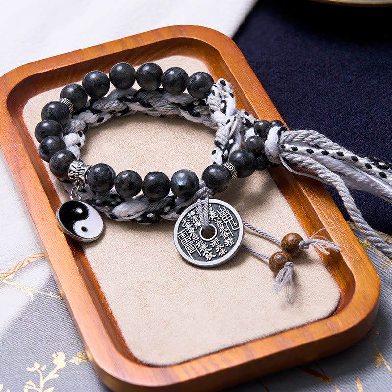 Wear FengShui Black Glitter Stone Cat's Eye Yin Yang Mountain Ghosts Spend Money Power Double Layer Rope Bracelet