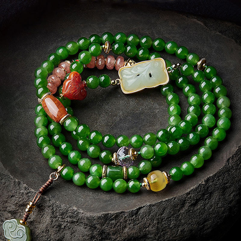 Wear FengShui 108 Mala Beads Cyan Jade Red Agate Laughing Buddha Luck Bracelet