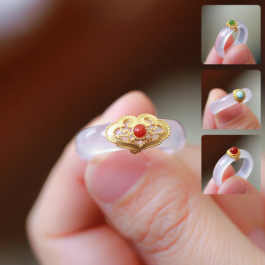 Wear FengShui White Agate Cyan Jade Turquoise Red Agate Luck Protection Ring