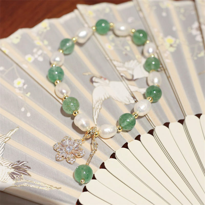 Wear FengShui Natural Green Strawberry Quartz Pearl Flower Charm Love Bracelet