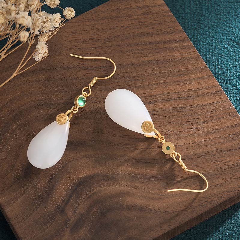 Wear FengShui FengShui White Jade Luck Drop Earrings