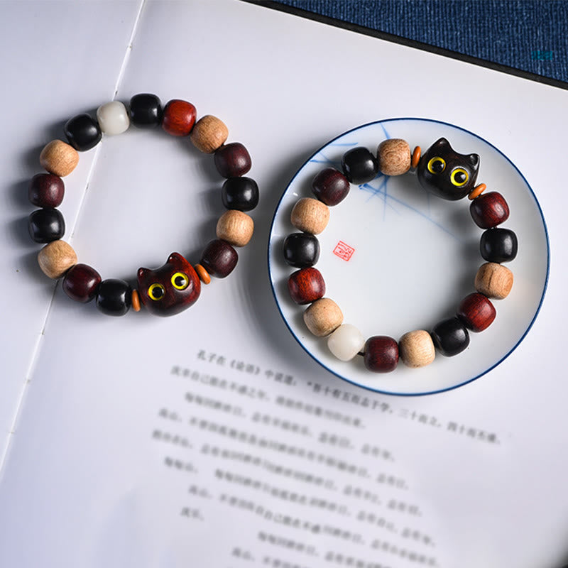 Wear FengShui Small Leaf Red Sandalwood Ebony Wood Cute Cat Engraved Protection Bracelet