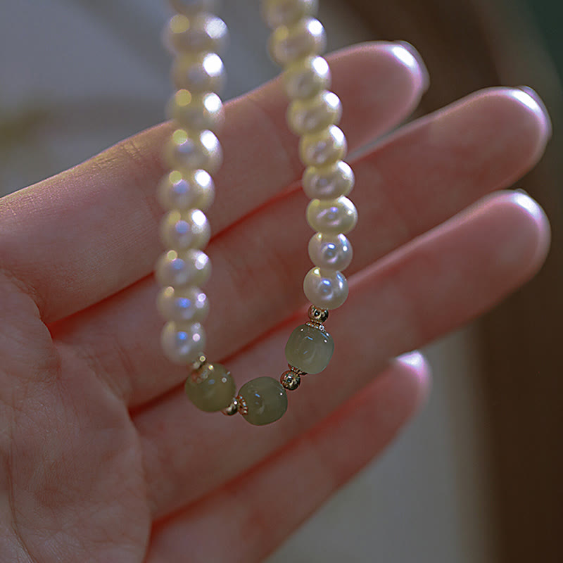 Wear FengShui 14K Gold Plated Natural Pearl Hetian Cyan Jade White Jade Sincerity Bead Chain Bracelet