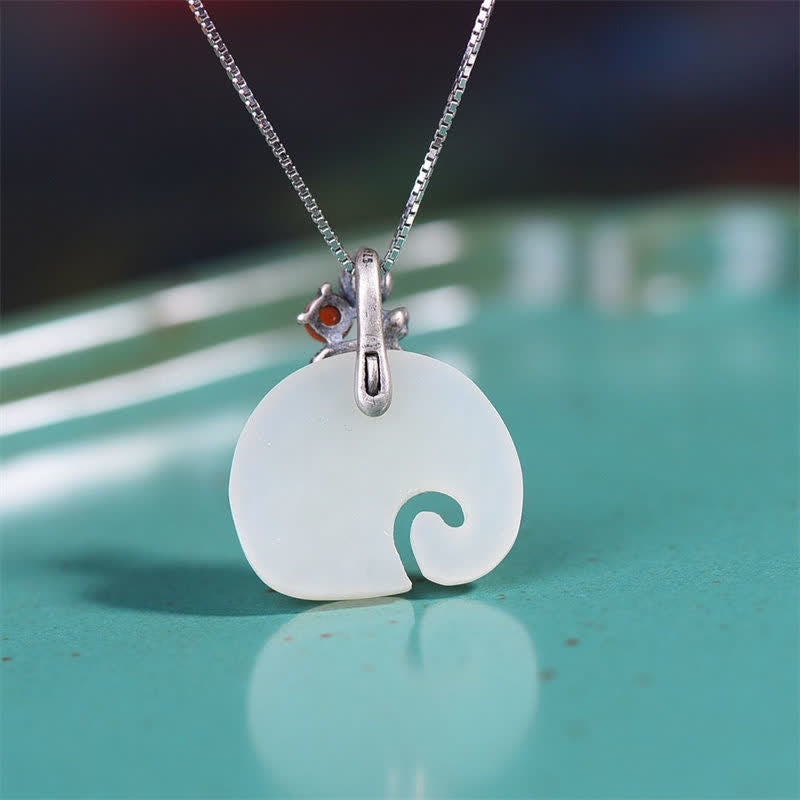 Wear FengShui White Jade Elephant Lotus Protection Necklace Pendant