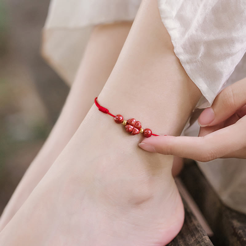 Wear FengShui Four Leaf Clover Cinnabar Blessing Calm String Bracelet Anklet