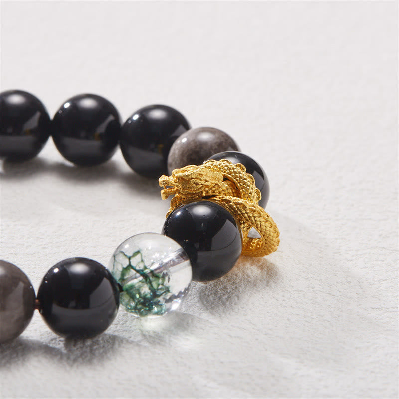 Wear FengShui Natural Silver Sheen Obsidian Dragon Green Phantom Protection Bracelet