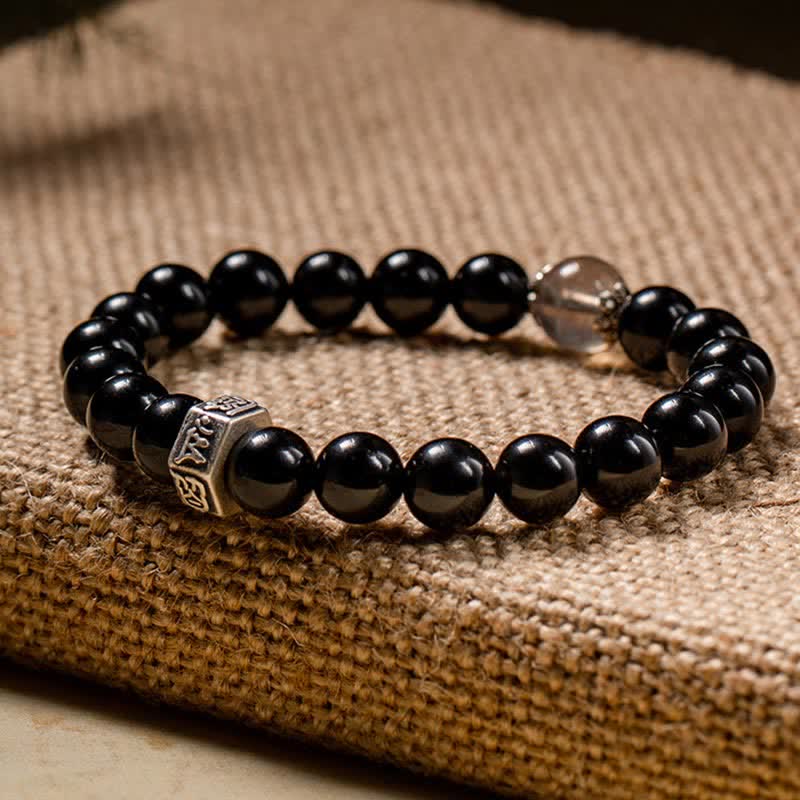 Wear FengShui Chinese Zodiac Natal Buddha 925 Sterling Silver Black Obsidian Moonstone Strength Bracelet