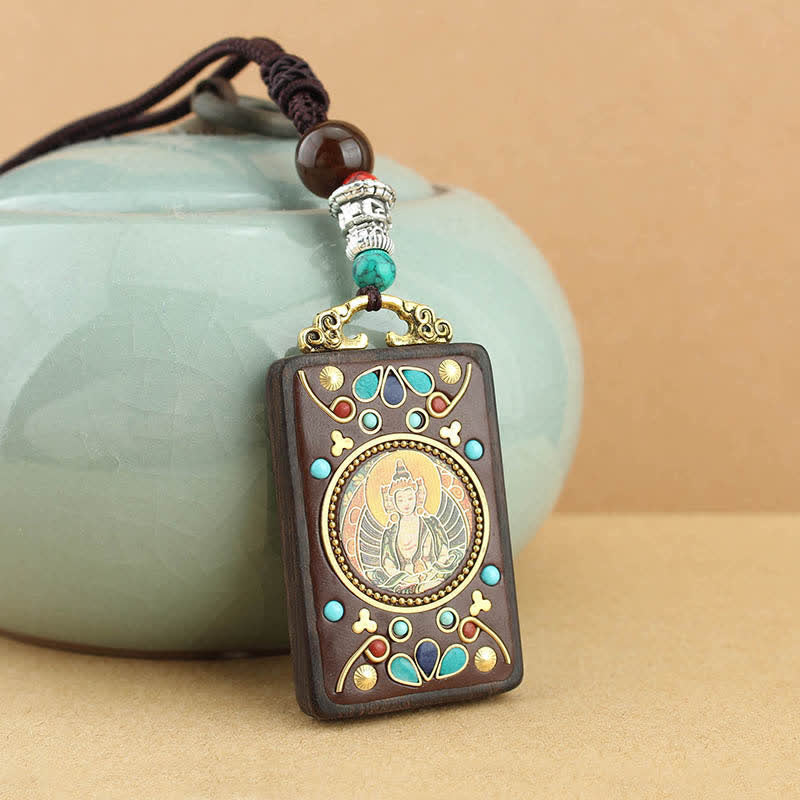 Wear FengShui Tibet God of Wealth Thangka Ebony Peace Necklace Pendant