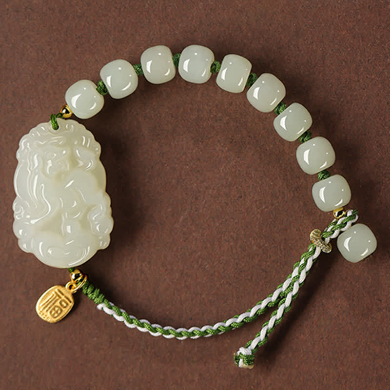 Wear FengShui 925 Sterling Silver Chinese Zodiac Hetian Jade Happiness Luck String Bracelet