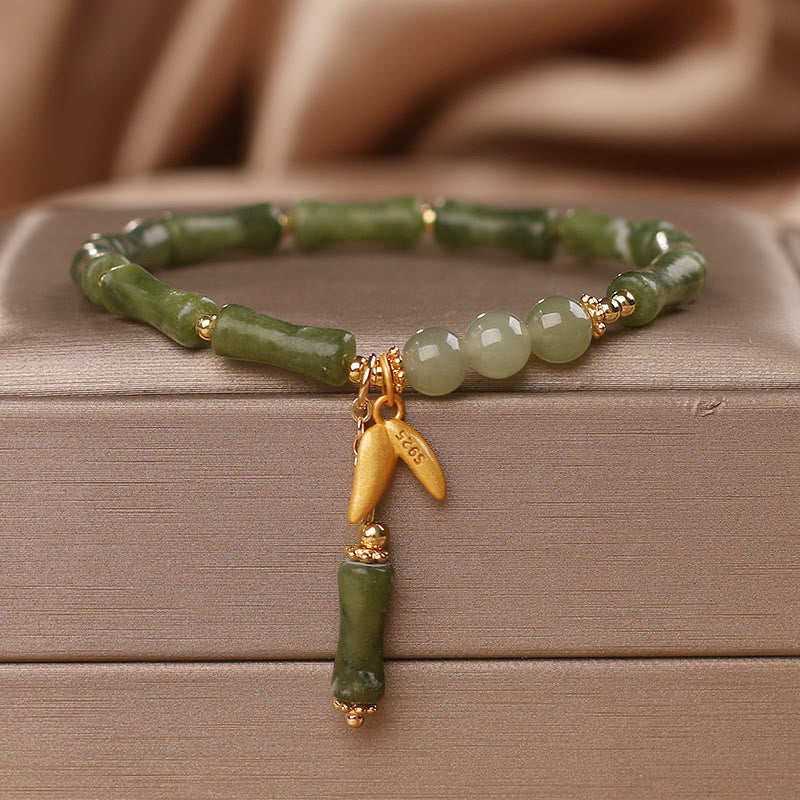 Wear FengShui Green Bamboo Jade Leaf Pattern Wealth Luck Bracelet