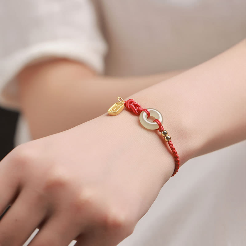 Wear FengShui Hetian Jade Peace Buckle Fu Character String Luck Bracelet