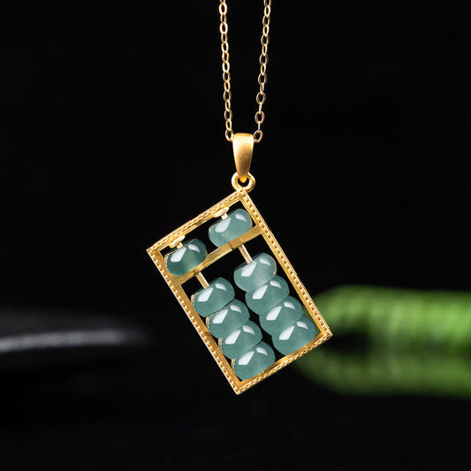 Wear FengShui Natural Jade Abacus Pattern Abundance Titanium Steel Chain Necklace Pendant