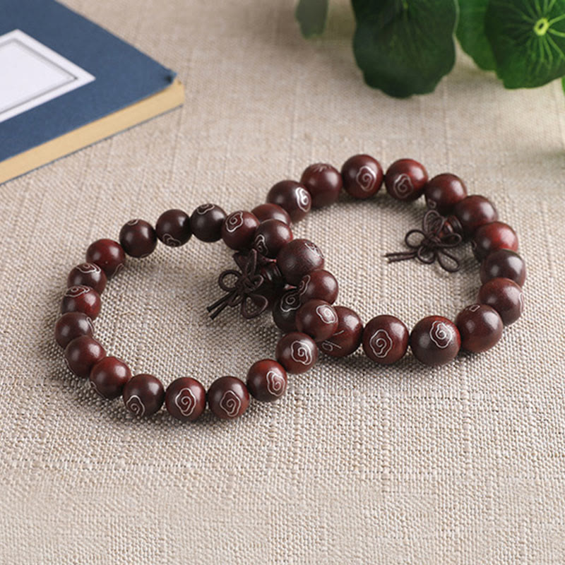 Wear FengShui 925 Sterling Silver Inlaid Small Leaf Red Sandalwood Om Mani Padme Hum Character Auspicious Clouds Protection Bracelet
