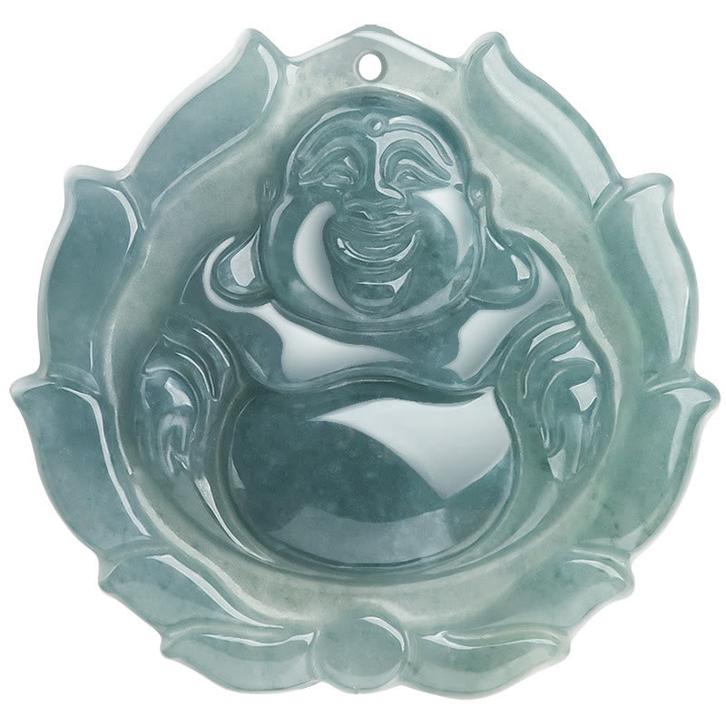 Wear FengShui Natural Jade Laughing Buddha Lotus Pattern Luck Necklace Pendant