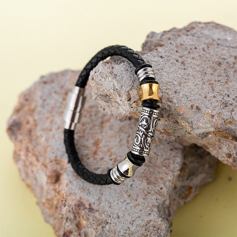 Wear FengShui Tang Dynasty Flower Design Luck Stainless Steel Buckle Leather Bracelet