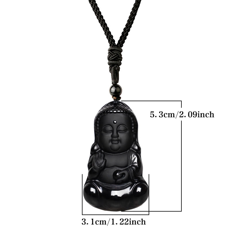 Wear FengShui Natural Black Obsidian Crystal Buddha Strength Protection Amulet Lucky Charm Pendant Necklace