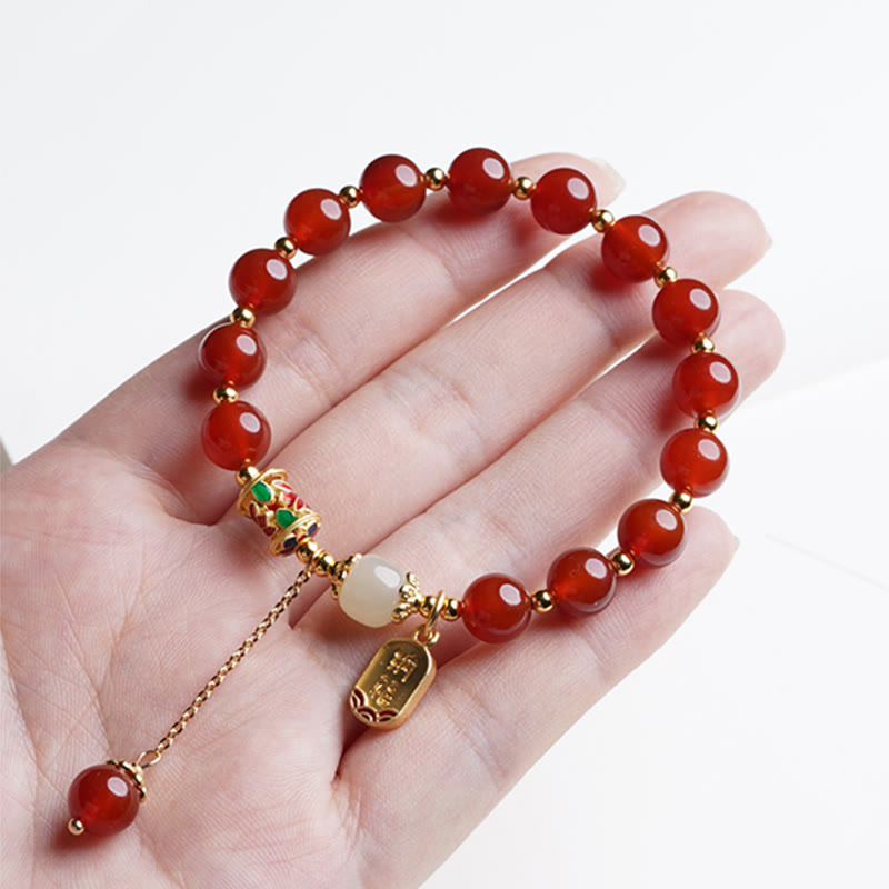 Wear FengShui Natural Red Agate Hetian Jade Fu Character Confidence Charm Bracelet