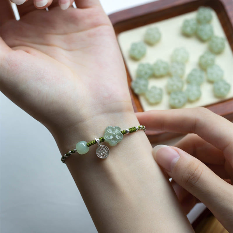 Wear FengShui Handmade Plum Blossom Flower Jade Luck Prosperity Braided Bracelet