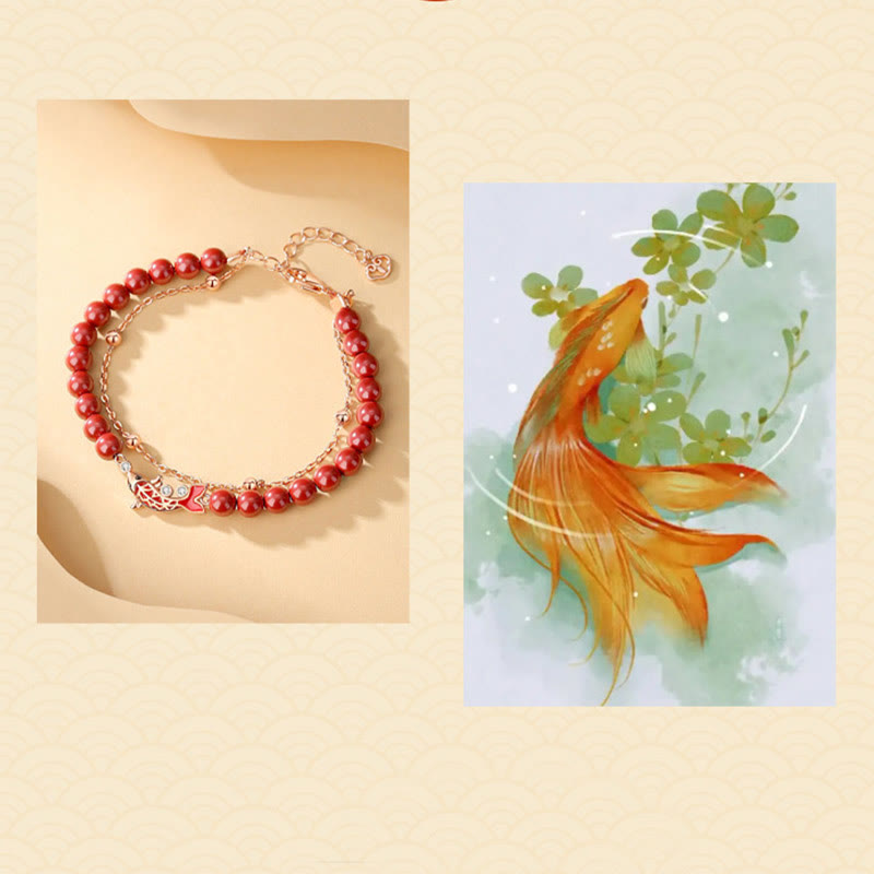 Wear FengShui 925 Sterling Silver Lucky Koi Fish Cinnabar Zircon Prosperity Double Layer Chain Bracelet