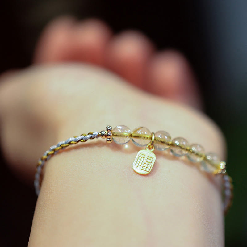 Wear FengShui 925 Sterling Silver Natural Jade Gourd Rutilated Quartz Fu Character Luck Braid Bracelet
