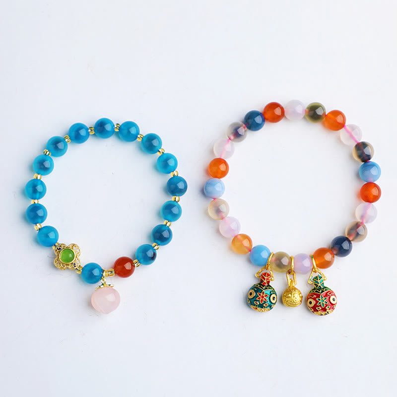 Wear FengShui Colorful Candy Agate Gold Swallowing Beast Family Peach Harmony Charm Bracelet
