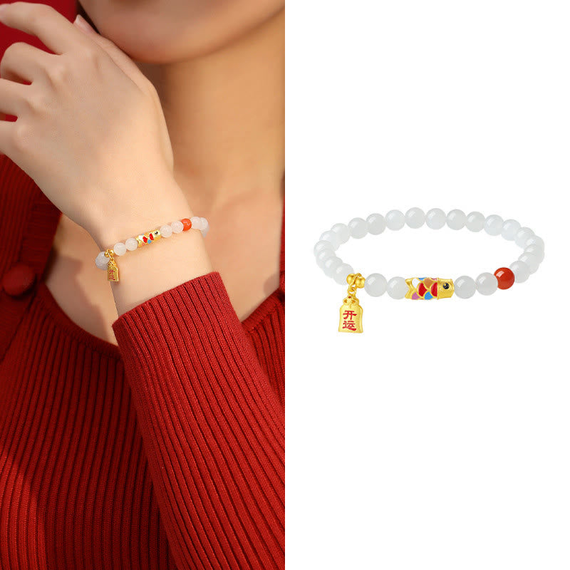 Wear FengShui 925 Sterling Silver Hetian White Jade Red Agate Koi Fish Luck Happiness Bracelet