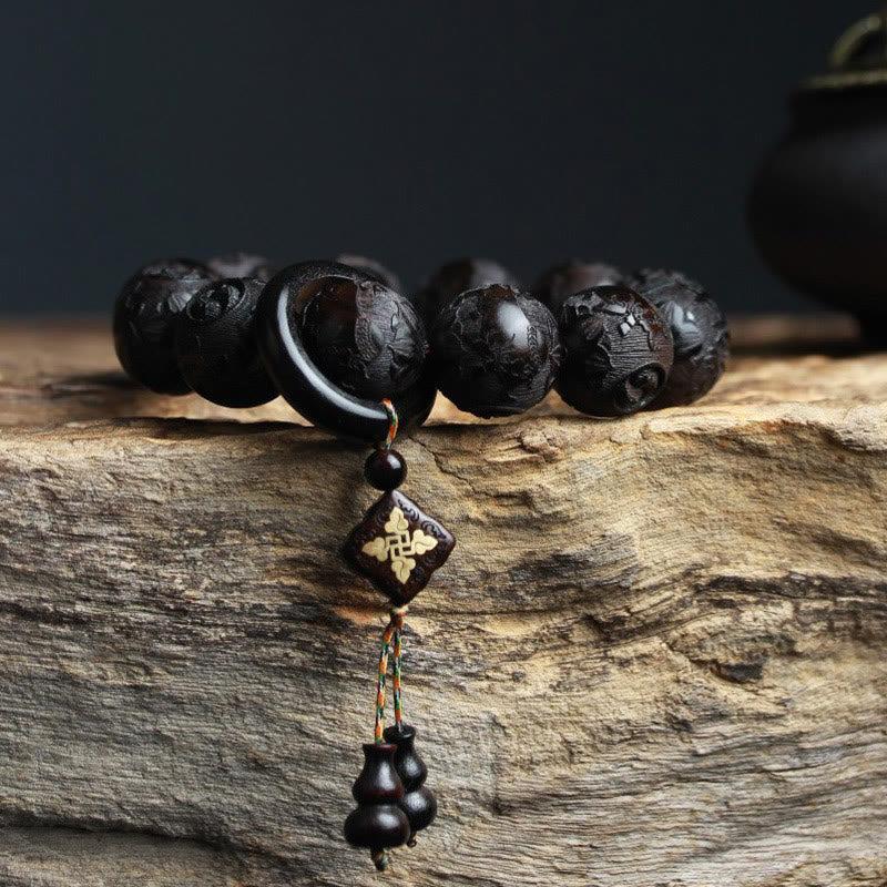 Wear FengShui Ebony Wood Chinese Character Yin Yang Engraved Gourd Balance Bracelet