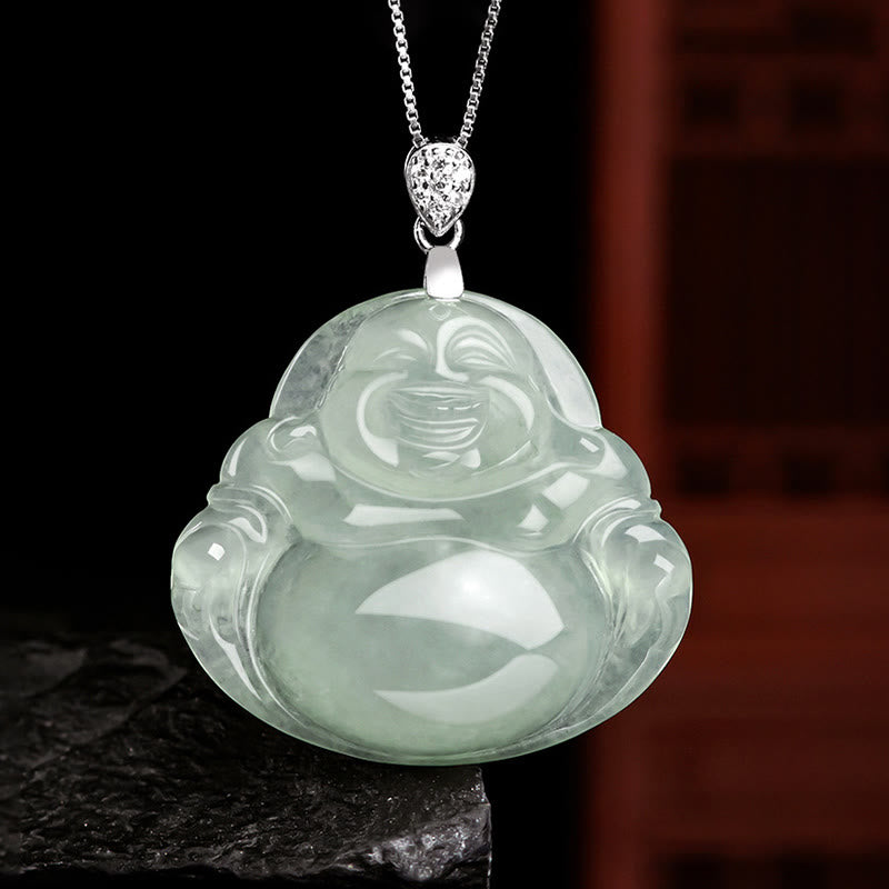 Wear FengShui Natural Jade Laughing Buddha Prosperity Abundance Titanium Steel Chain Necklace Pendant