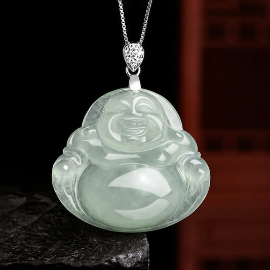 Wear FengShui Natural Jade Laughing Buddha Prosperity Abundance Titanium Steel Chain Necklace Pendant