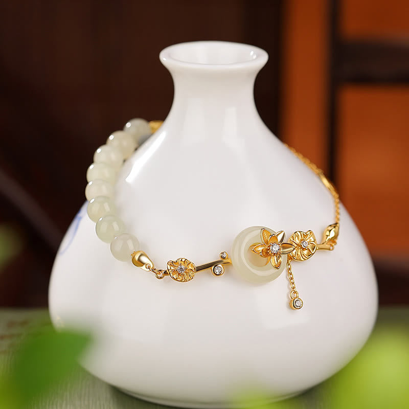 Wear FengShui 925 Sterling Silver Hetian Jade Peace Buckle Lotus Luck Chain Bracelet